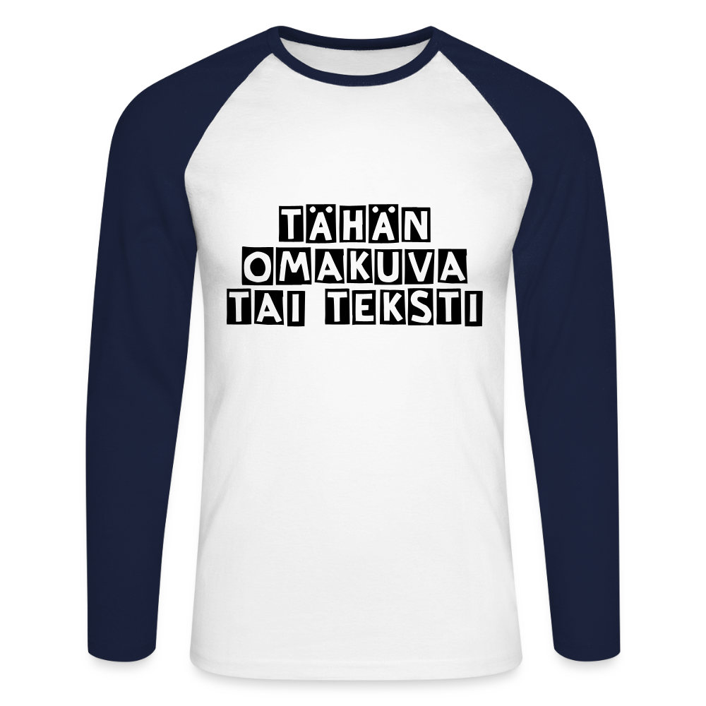 Miesten pitkähihainen baseballpaita omalla kuvalla - valkoinen/laivasto