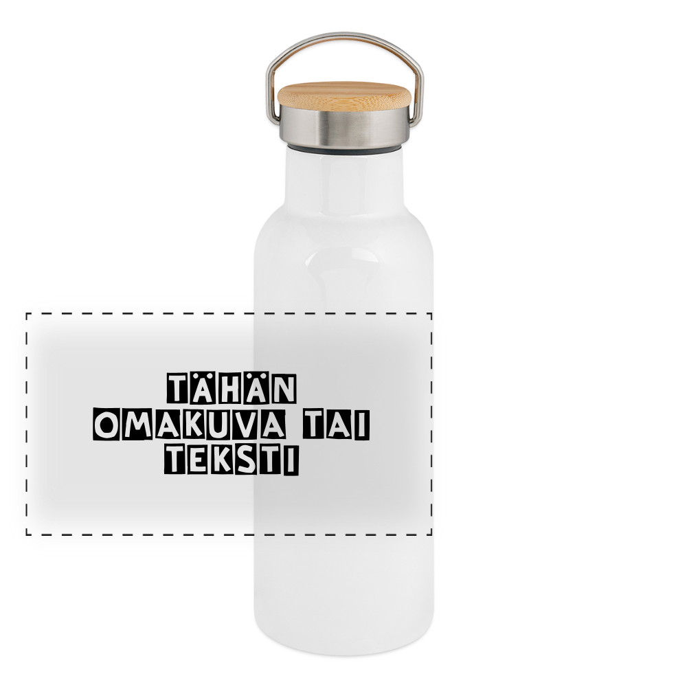Termospullo omalla kuvalla, bambukorkilla - valkoinen