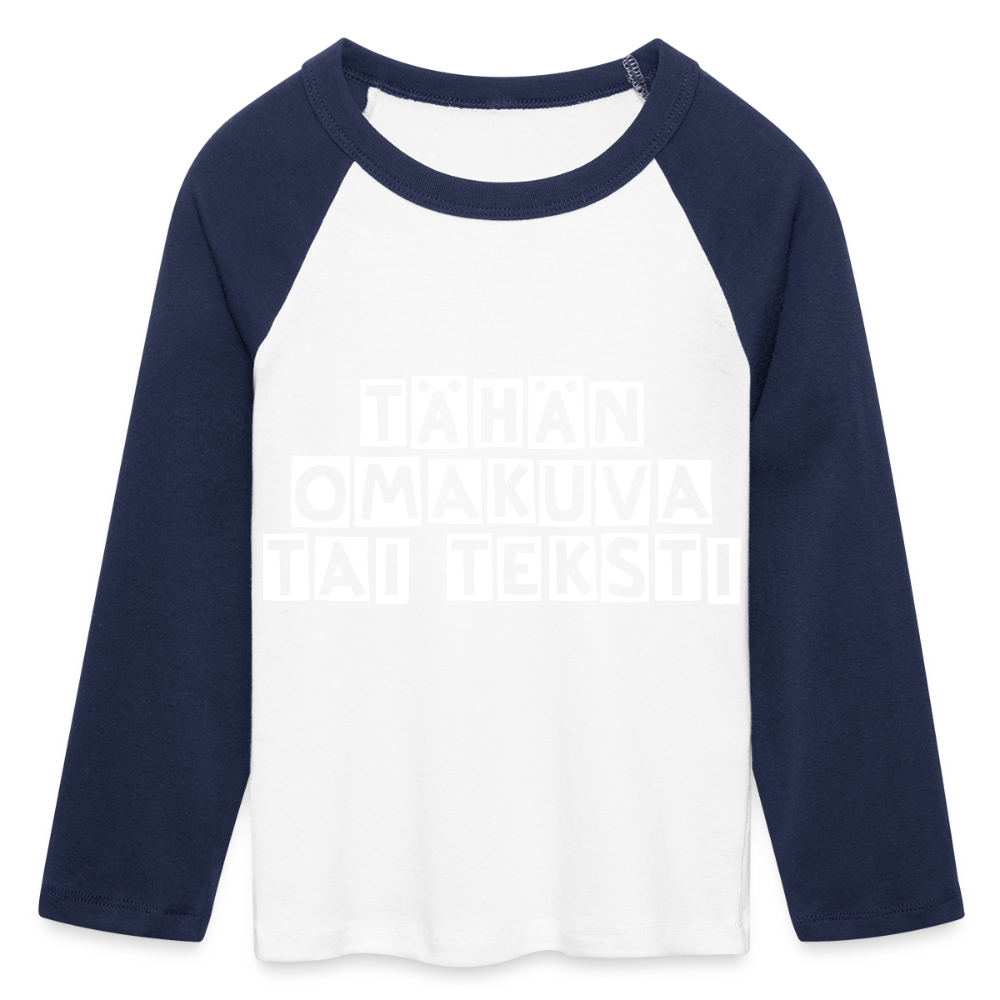 Cropped naisten baby t-paita omalla kuvalla. 3/4 hihat - valkoinen/laivastonsininen