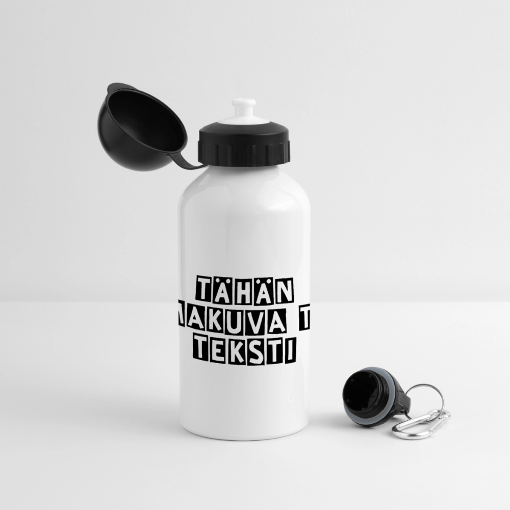 Juomapullo omalla kuvalla, kahdella eril. kannella/korkilla - valkoinen