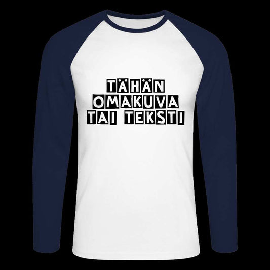 Miesten pitkähihainen baseballpaita omalla kuvalla - valkoinen/laivasto