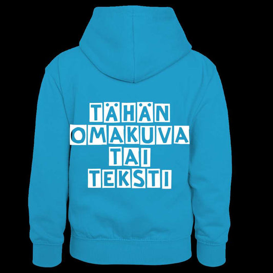 Lasten kontrastivärinen huppari omalla kuvalla - riikinkukonsininen/meleerattu harmaa