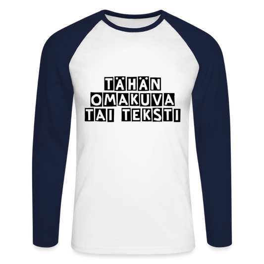 Miesten pitkähihainen baseballpaita omalla kuvalla - valkoinen/laivasto